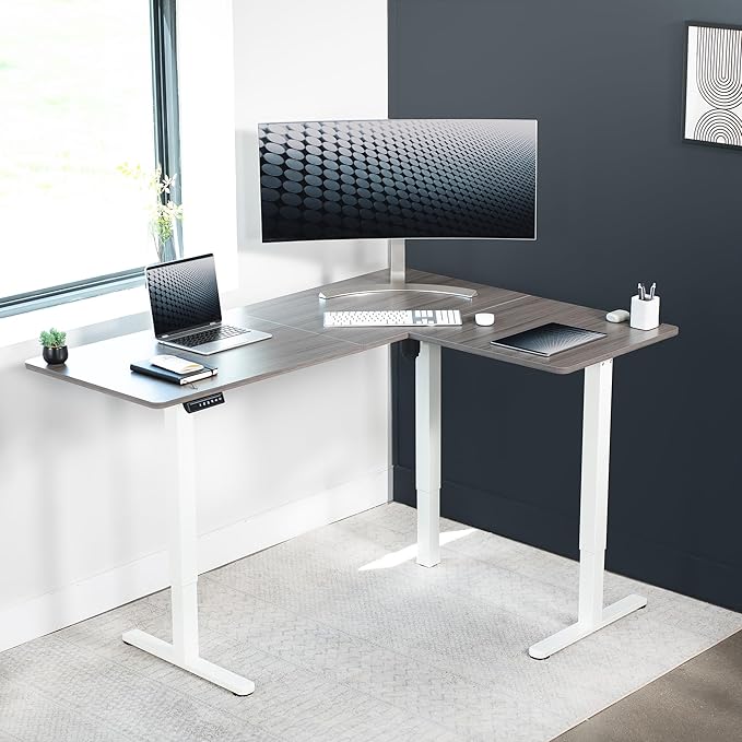 VIVO Electric Corner 63 x 47 inch L-Shaped Standing Desk, Memory Height Adjustment, Dark Gray Top White Frame, DESK-E3CTWG-47