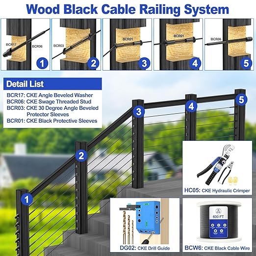 CKE 150 Pack T316 Stainless Steel Black Protector Sleeves for 1/8" 5/32" or 3/16" Cable Deck Stair Railing Kit System, Black Cable Railing Protective Sleeves for Wood Posts, DIY Balustrade, BCR01-3/16