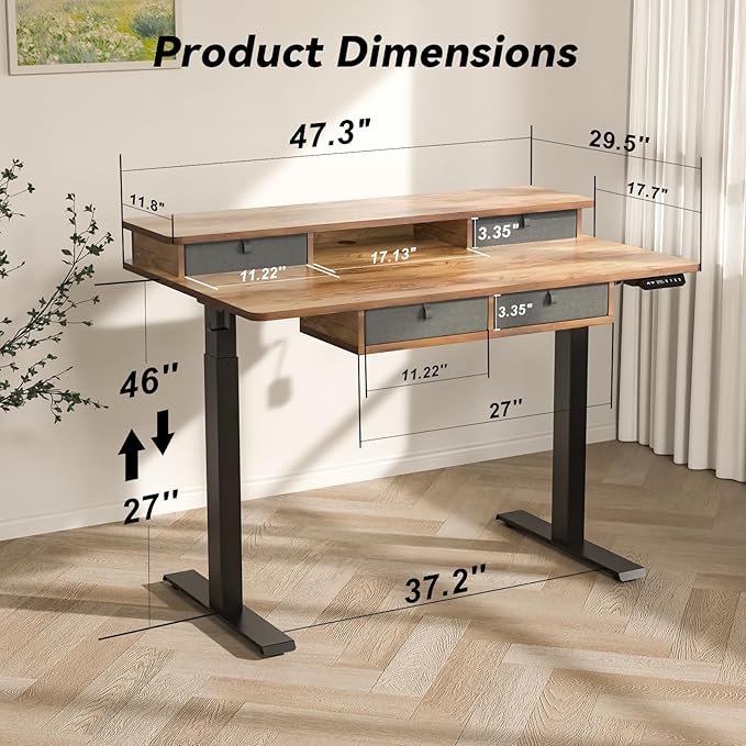 FiCiHi Adjustable Height Standing Desk with 4 Drawers,48 x 30 inches Electric Sit Stand Home Office Desk with Two Tiers, 3 Memory Presets, Monitor Stand Riser, USB A/C Charging Port