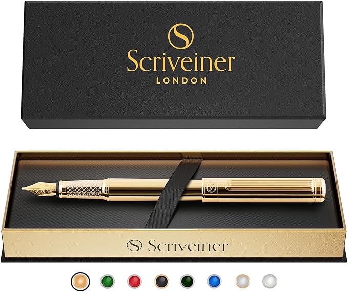 Scriveiner Luxury Fountain Pen - Stunning Gold Luxury Pen, Real Gold Finsih, Schmidt Gilded Nib (Medium), Converter, Best Pen Gift Set for Men & Women, Professional, Executive, Office, Nice Pens
