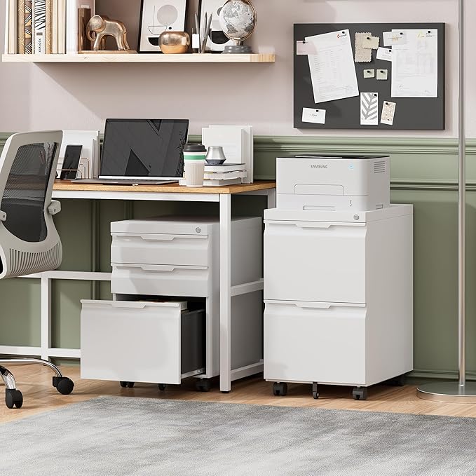 LONGLINK 2 Drawer Mobile File Cabinet with Lock,Under Desk Metal Filing Cabinets with Wheels for Home Office Organizer Letters/Legal/A4(Easy Assemble-White)