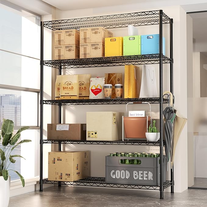 SINGAYE 5 Adjustable Heavy Duty Garage Shelving Wire Shelves Metal Standing Units Bathroom Organizers and Storage Shelf Closet Metal Pantry Kitchen 18" DX46 WX77 H Black
