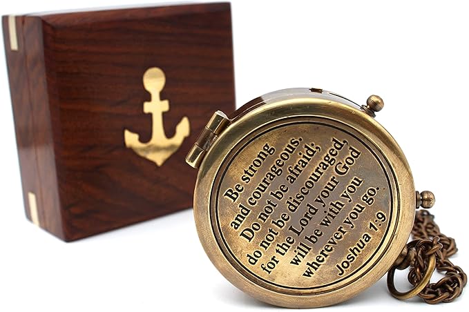 Be Strong and Courageous, Do Not Be Afraid Brass Engraved Compass with Stamped Wooden Case – Inspirational Birthday, Confirmation, and Baptism Gifts