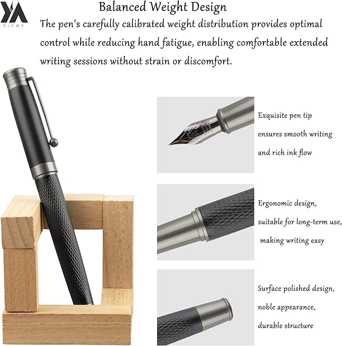 YICMY Fancy Fountain Pen Set – Fine & Medium Nibs, Includes 18 Ink Cartridges, Ink Converter, Syringe Filler, Luxury Gift for Writing, Journaling & Calligraphy，Black
