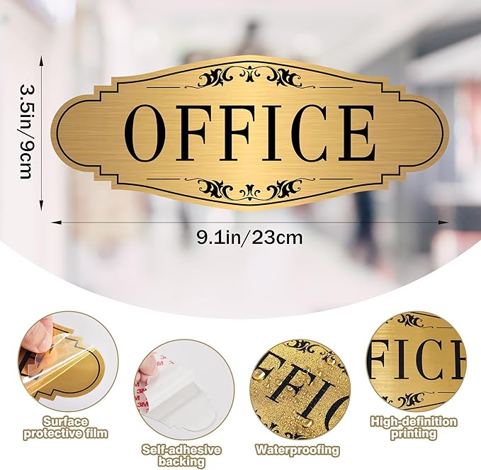 The Office Door Sign for Home and Business，Self-Adhesive Waterproof and Fade-Resistant Brushed Gold Office Sticker for House，Business，Door, Window