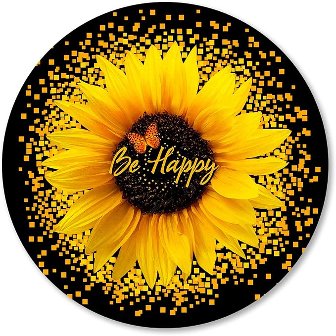IMAYONDIA Round Mouse Pad, Sunflower and Butterfly Mouse Pad, Yellow Flower Mouse Mat, Inspirational Quote Be Happy Mousepad, Non-Slip Rubber Base MousePads for Office Laptop Computer, 7.9 x 7.9 Inch