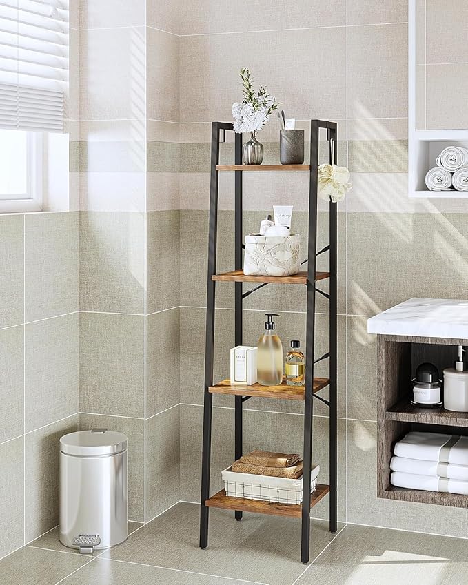 Hzuaneri Ladder Shelf, Bookshelf Bookcase, Freestanding Corner Storage Shelve with 2 Hooks for Home Office, Living Room, Kitchen, Bedroom, Industrial, 11.8"D x 13.4"W x 47.2"H, Rustic Brown BC13201B