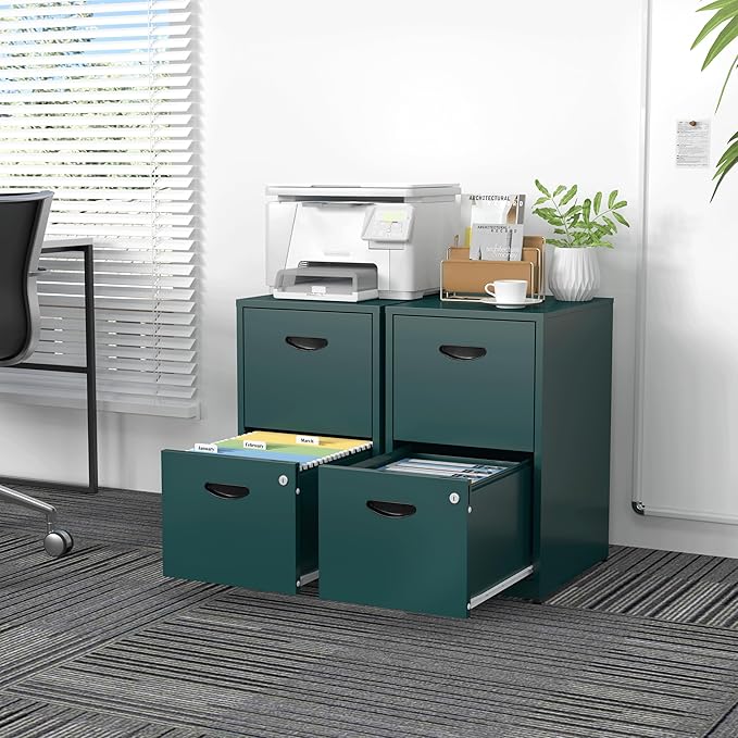 SteeLoong 2 Drawer File Cabinet with Lock,Green Metal Office Drawers Filing Cabinets for Home Office, Two Drawer Under Desk File Cabinet for Hanging Letter,Easy Assemble