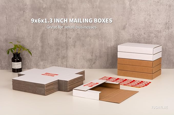 YUSHYIJIE 9x6x1.3 inch Small Shipping Boxes, Multi-Depth Flat Cardboard Boxes with Fragile Stickers for DVD Shipping, Packing, Moving, Storage, White, 25 Pack