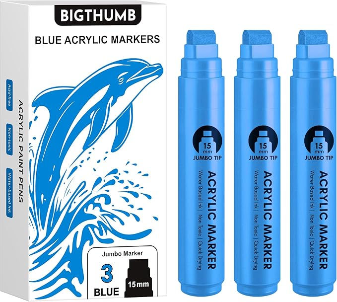 BIGTHUMB 3 Pcs Blue Jumbo Permanent Markers: 15mm Wide Tip Thick Acrylic Paint Pen Large Calligraphy Marker for Rock Painting, Poster, Sign, Canvas, Glass, Wood, Ceramic