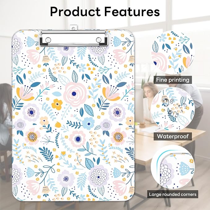 Luminzo Plastic Cute Clipboard Low-Profile Metal Clip, A4 Letter Size 9 x 12.5 in, 8.5 x 11 Paper Clip Board for Teachers, Nurses, Classroom,Cute Flowers