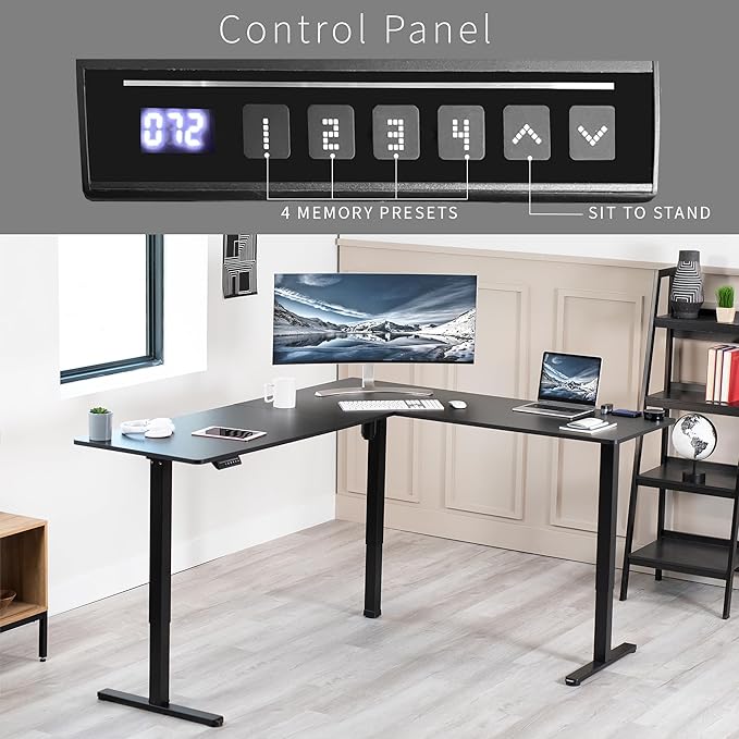 VIVO Electric Corner 75 x 63 inch L-Shaped Standing Desk, Memory Height Adjustment, Black Top Black Frame, DESK-E3CTB-75