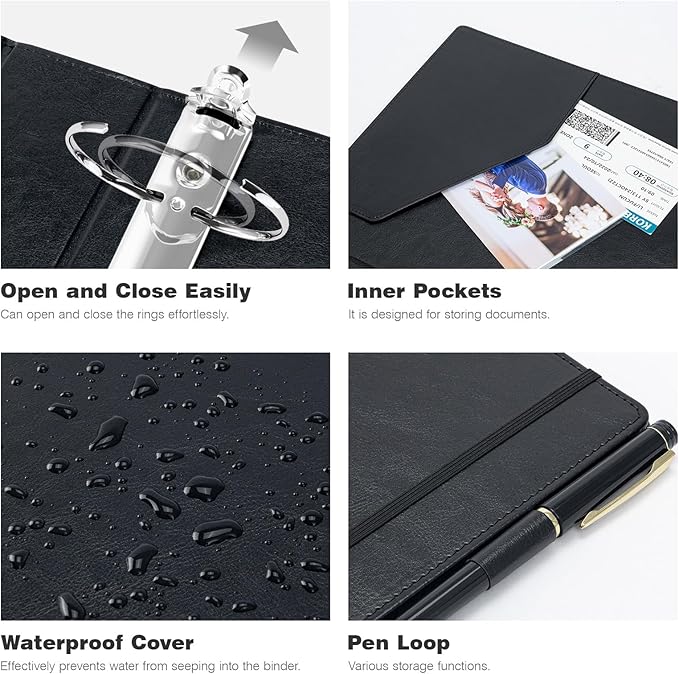 Ospelelf Vintage Hardcover 3 Ring 2 inch Leather Binder, Professional Binders Organizer Suitable for Letter Size Documents, Binder Dividers with Tabs, Black