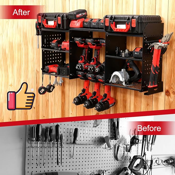 ERVNYNT 3 layers power tool organizer Loads 150lbs with 6 Cordless Drill Holder and 6 Outlet Power Strip,it’s good choice for husband birthday gift,black