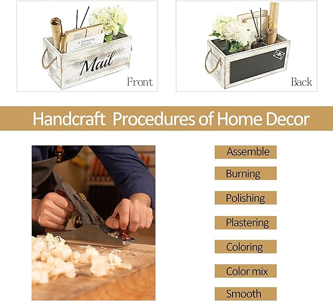 HoreZer Wood Mail Holder Box,Decorative Mail Organizer Box Countertop,Letter Holder Box for Desk with Chalkboard & Rope Handles,Rustic Desk Mail Organizer Home Office(White)