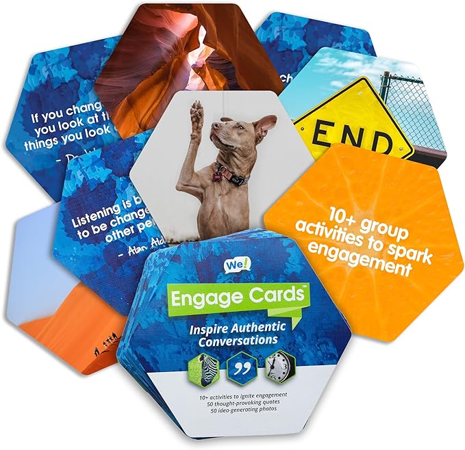 We! Engage Cards - Conversation Cards to Build Trust & Connection - 56 Inspiring Pieces with Quotes, Photos, & Activities - Ideal for Office Meetings, Ice Breakers, and Educational Team Building