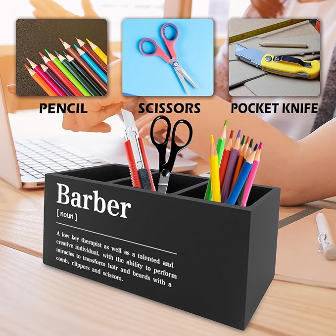 QZQE Barber Definition Pen Pencil Holder Organizer for Desk, Salon Barbershop Decor, Modern Minimalist Barber Shop Wooden Box Signs Decorations for Home Office Desk Tabletop