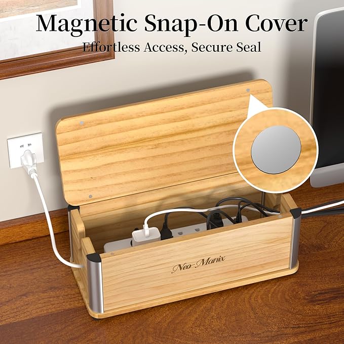 Delamu Wooden Cable Management Box, Retro-Inspired Look Desk Cord Organizer Box for Home Office, Large Cable Organizer Hides Cords and Power Strips, Power Strip Cover, 14.3" x 6.0" x 5.5", White
