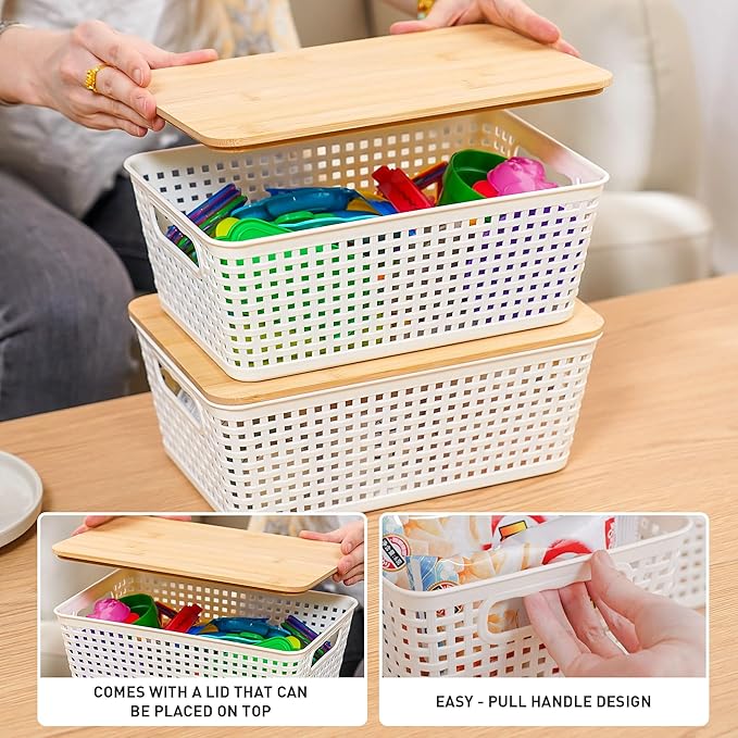Anywish Storage Bins with Lids 8 Packs, Plastic Storage Bins with Bamboo Lids for Pantry Organization and Storage Containers for Shelves Drawers Desktop Closet Playroom Classroom Office Home, White
