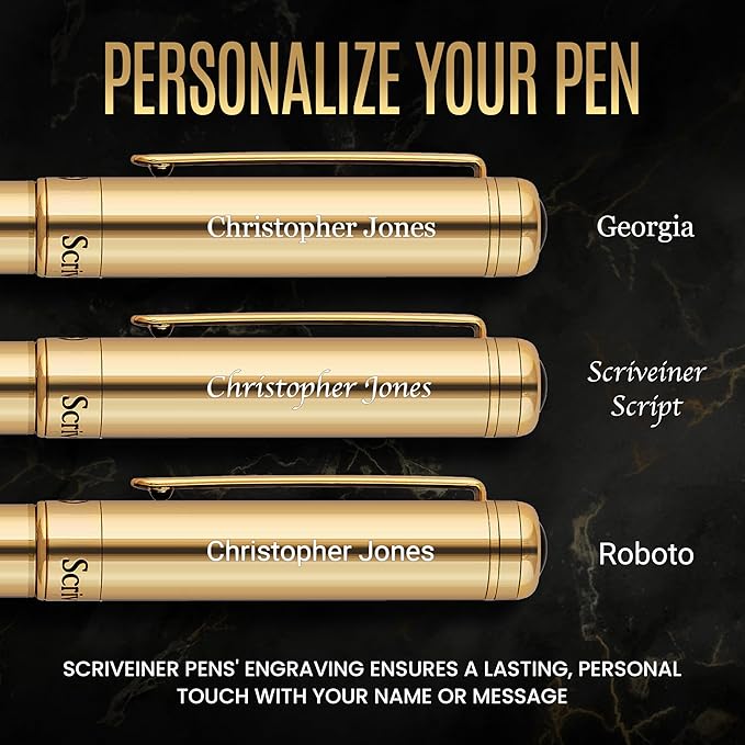 Scriveiner Personalized Gold Fountain Pen - Stunning Luxury Pen, Real Gold Plating, Schmidt Ink Refill, Best Engraved Fountain Pen Gift Set for Men & Women, Custom Name Engraving