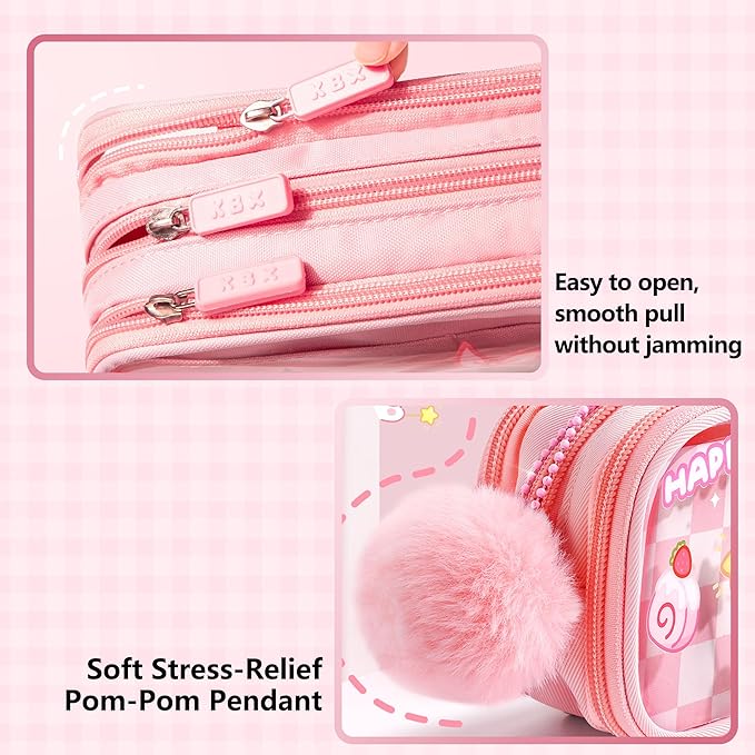 UINSUE Cute Pen case Adorable Bunny Transparent 3-Layer Large Capacity Pencil Case Gadget organizer with Lovely Stickers (Pink-Bunny)