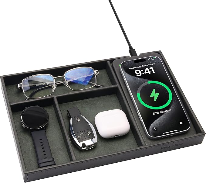 Valet Tray, Built in Wireless Charging Pad, Nightstand Organizer, Two-Toned Premium Vegan Leather Desk Bedside Caddy Organizer Tray for Keys, Watch, Wallet, Jewelry (Black+Green)