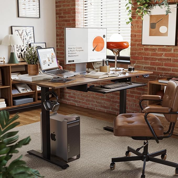 Agilestic Height Adjustable Desk with Keyboard Tray, 63 x 24 Inches Electric Standing Desk, Stand up Computer Table with Memory Preset, Modern Lift Motorized Gaming Workstation, Rustic Brown