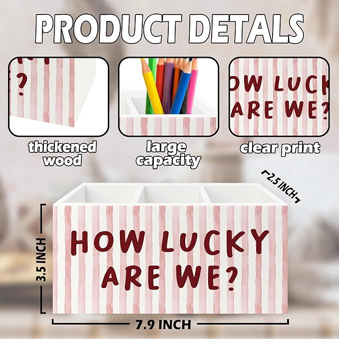 XPH Pink Inspirational Pen Pencil Holder Organizer for Desk, Thank You Gifts for Women, Pink Striped How Lucky Are We Motivational Wooden Box Sign for Home Office Desk Tabletop Decorations