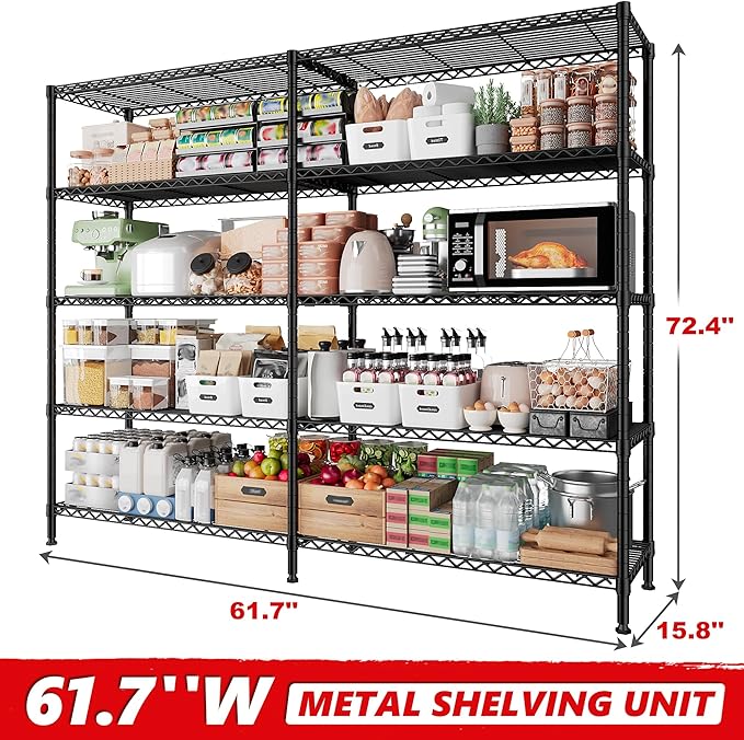 5 Tier Storage Shelves Metal Shelving Unit Load 1500LBS,Adjustable Wire Shelving Pantry Shelves for Storage,Kitchen Shelves Storage Rack for Commercial Garage Shelving Heavy Duty,61.7"W*72.4"H*15.8"D