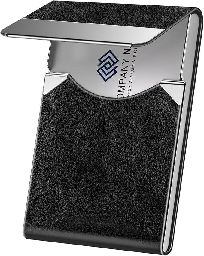 DMFLY Business Card Holder for Women or Men, Business Card Case with PU Leather and Stainless Steel, Slim Metal Case with Magnetic Closure for Business Meeting Use