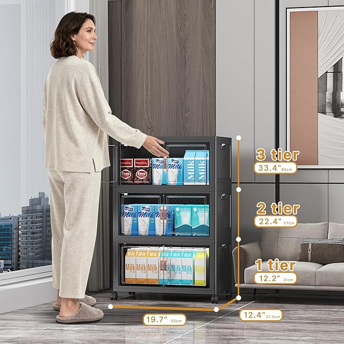 UAMFURI Extra Large Stackable Storage Bins with Lids & Wheels & Door, 312QT-52QT/13GAL*6Pack Foldable Collapsible Closet Organizers, Plastic containers drawers for bedroom Dorm