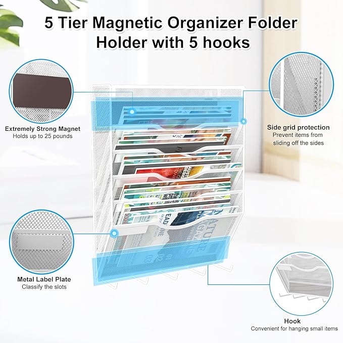 KZWKRG 6 Tier Magnetic File Holder with Hook, Magnetic File Organizer Folder Holder, Wall File Organizer, Hanging Magnetic Paper Holder for File Cabinets, Office, Whiteboard, Magnetic Mail Holder