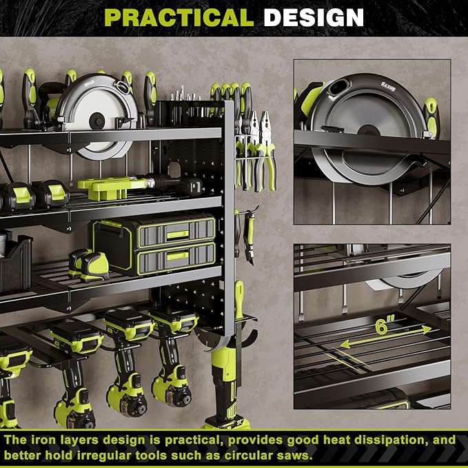NattyDot Power Tool Organizer Wall Mount with Charging Station 4 Layer 6 Slot Cordless Drill Holder with Angle Grinder Holder (Black)