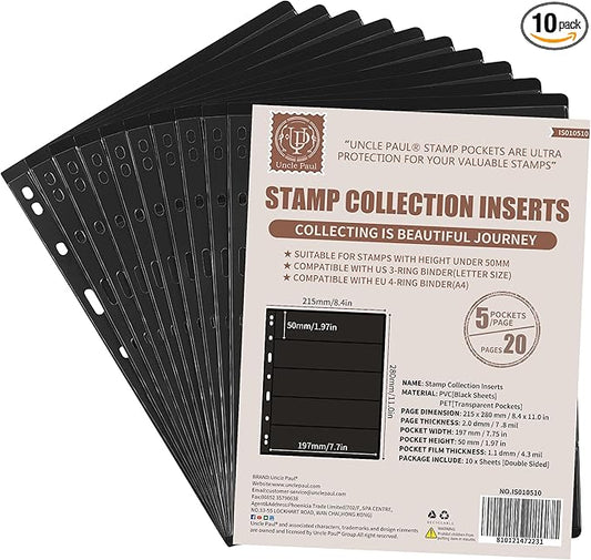 10 Sheets 20 Pages Postage Stamp Album Pages, 5 Pockets 7.7X 1.97in Stamp Collection Inserts, 9 Hole Standard Stamp Collecting Album Sleeves for Stamp Collection Binder IS010510