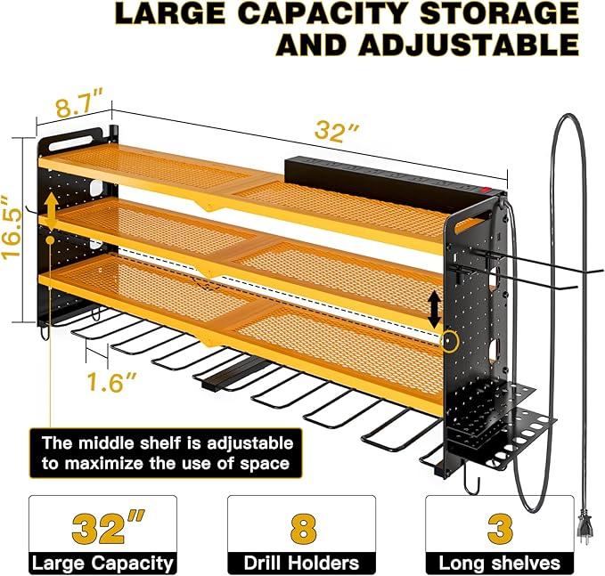 NattyDot Power Tool Organizer Wall Mount with Charging Station, 8 Drill Holder, 4 Layer Storage Rack for Garage Organization, Tool Holder with 8 Outlet Power Strip (Yellow)