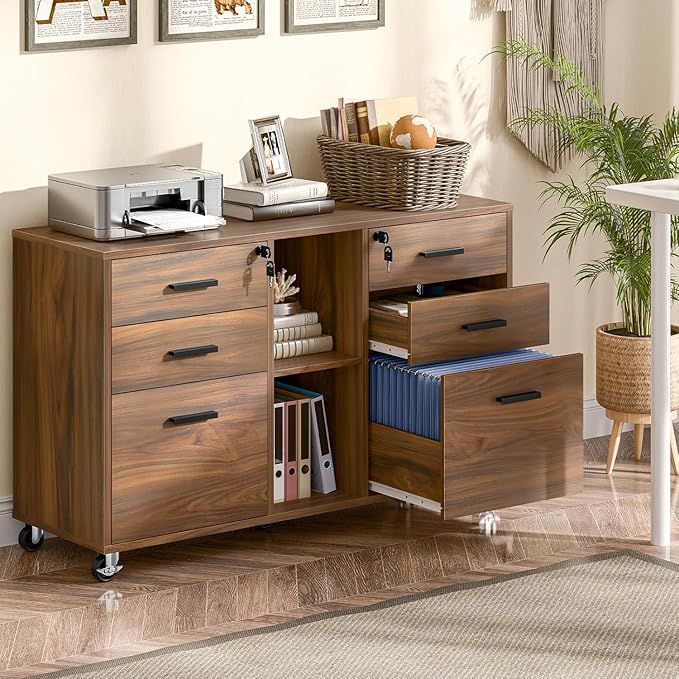 Lateral File Cabinet with Lock, Large Mobile Storage Filing Cabinet with 6 Drawers Fits Files Letter/A4 Size, Rolling Printer Stand with Open Storage Adjustable Shelf for Home Office, Brown