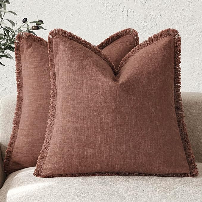 Foindtower Set of 2 Decorative Linen Fringe Throw Pillow Covers Cozy Boho Farmhouse Cushion Cover with Tassels Soft Accent Pillowcase for Couch Sofa Bed Living Room Home Decor,26×26 Inch,Rust Red