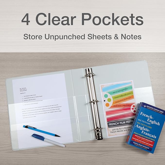Cardinal 3 Ring Binder, Binders for School and Office, Durable 3 Inch Premier Easy Open Binder, ONE-Touch Locking Slant-D Rings, 650-Sheet Capacity, ClearVue Cover, PVC-Free, White (10330)