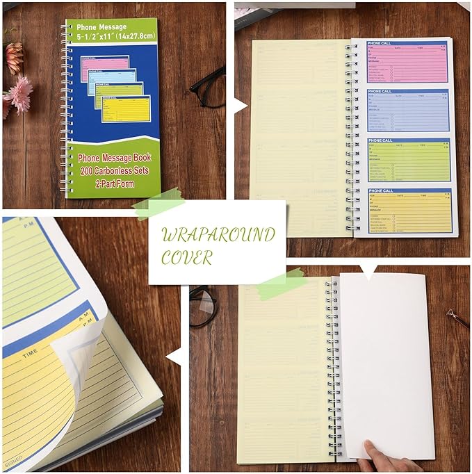 Sinmoe 2 Pcs Spiral Bound Phone Message Book with Carbon Copy 5-1/2" x 11" 2 Part Colorful Carbonless Telephone Message Pads Duplicate Spiral Phone Call Log Book for Business Office