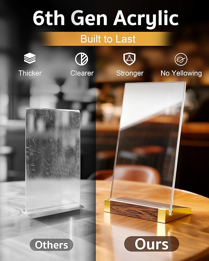 3 Pack Acrylic Sign Holder 8.5 x 11 Inch with Walnut Wood Base, Clear Tabletop Acrylic Display for Menu & Flyer Holder, Commercial Paper Stand for Restaurant, Office, Coffee, Bar, Wedding, Hotel