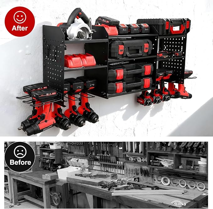 Large Power Tool Organizer Wall Mount with Charging Station, Heavy Duty Cordless Drill Holder, Garage Tool Storage Battery Rack with 8 Outlet, Gift for Men Husband Dad Birthday Anniversary Black