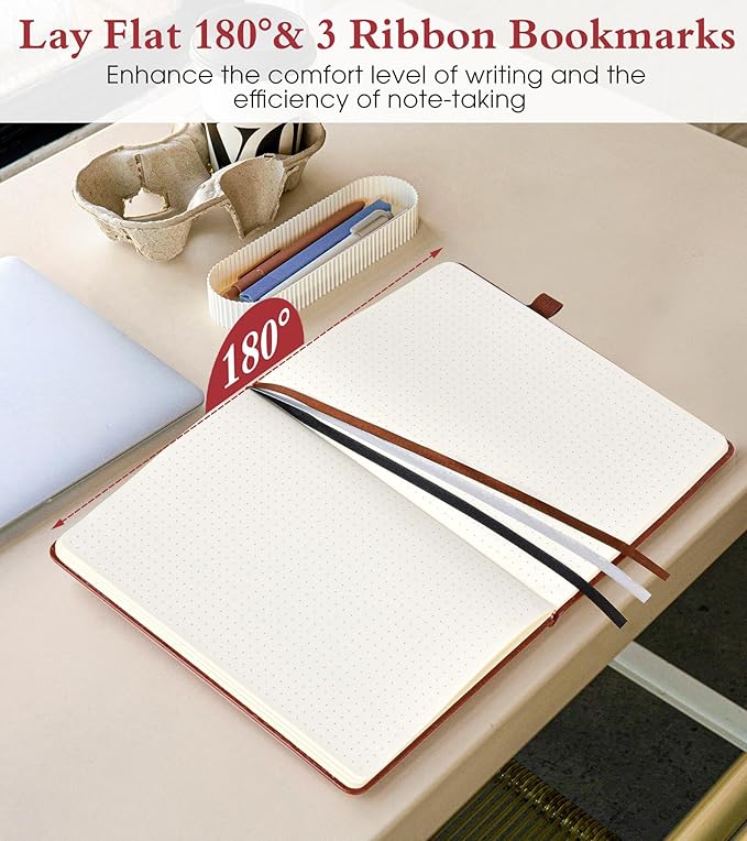 PAIBAS Dotted Journal Notebook for Women Men, 160 Pages Dot Grid Journals for Writing, A5 Hardcover Vintage Leather Bullet Journaling Notebooks for School, Work, Travel, Note Taking 5.8"x8.5"(Brown)