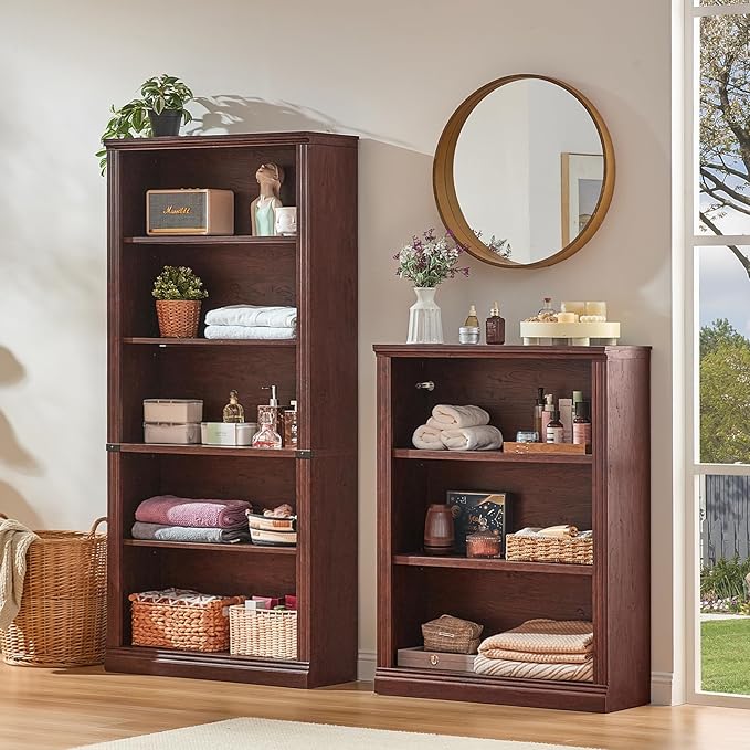 RWYHG 43" Walnut Tall Bookshelf Set of 4,3-Tier Thick Wooden Book Shelf with Adjustable Shelves,Free Standing Farmhouse Bookcase with Open Display Storage,Floor Vintage Bookshelves for Living Room