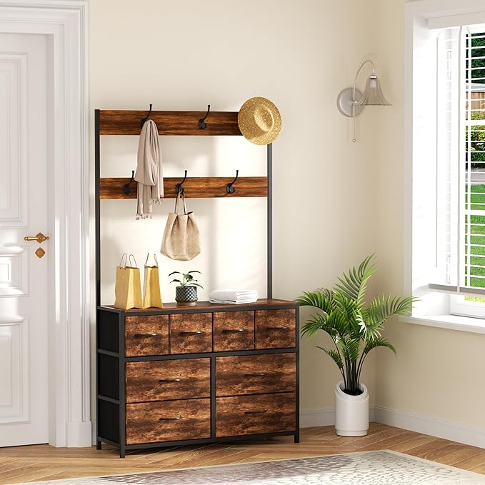 YKVIQBY 8 Drawer Dresser with 6 Double Hooks, 68.9" Tall Closet Organizer and Storage, Fabric Dresser for Bedroom, Nursery, Closet, Space-Saving Freestanding Storage Cabinet (Rustic Brown)