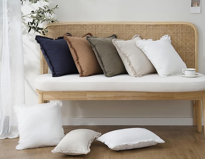 Foindtower Set of 2 Decorative Linen Fringe Throw Pillow Covers Cozy Boho Farmhouse Cushion Cover with Tassels Soft Accent Pillowcase for Couch Sofa Bed Living Room Home Decor, 16×16 Inch, Beige