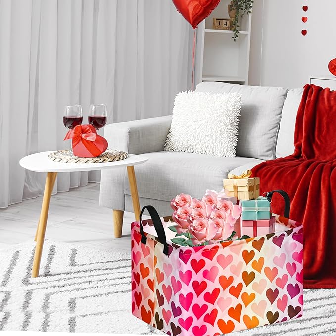FUULOXE Rectangular Valentines Basket Storage Bin for Shelves Girls Gifts Baskets Foldable Box with Handles for Home Office Car Dormroom Valentine's Day Party Supplies