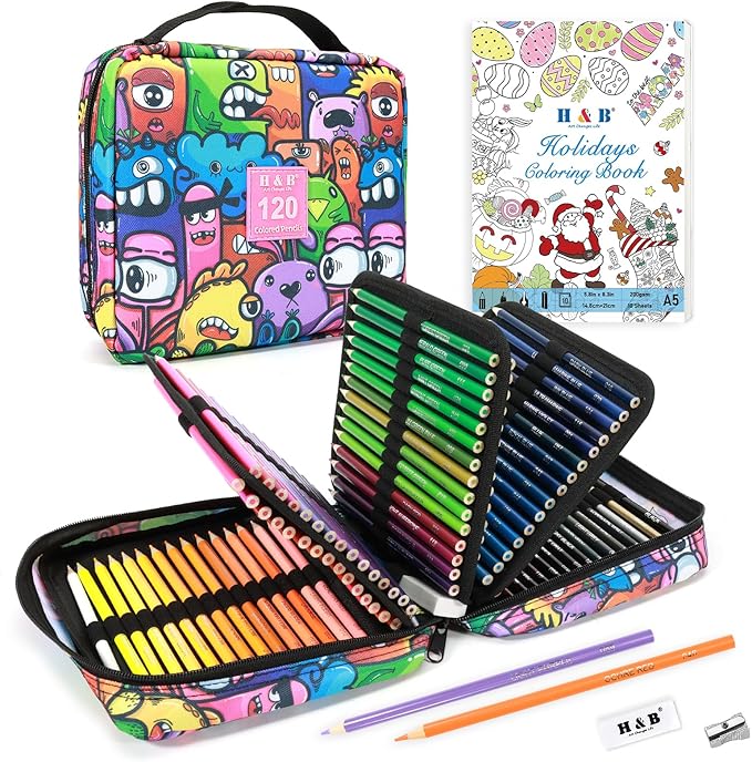 H & B Art Supplies, 120Pack Drawing Supplies for Adults, Color Kit with Holiday Drawing Book, Coloring Book, Oil-Based Coloured Pencils for Artists