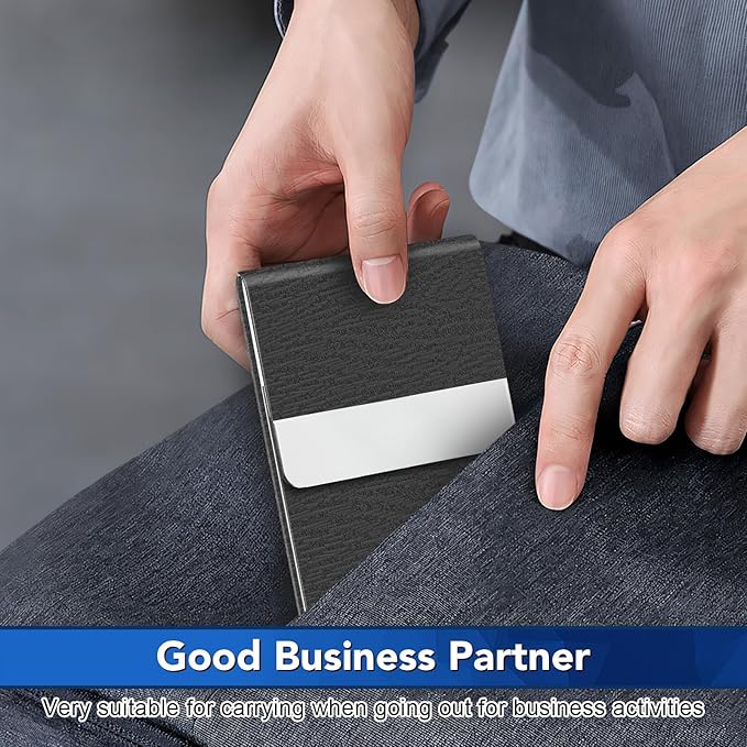 Business Card Holder with Ultra Slim Design, Business Card Case with Premium PU Leather, Suit Pocket Metal Card Holder for Women/Men, Magnetic Closure Quick Access Cards