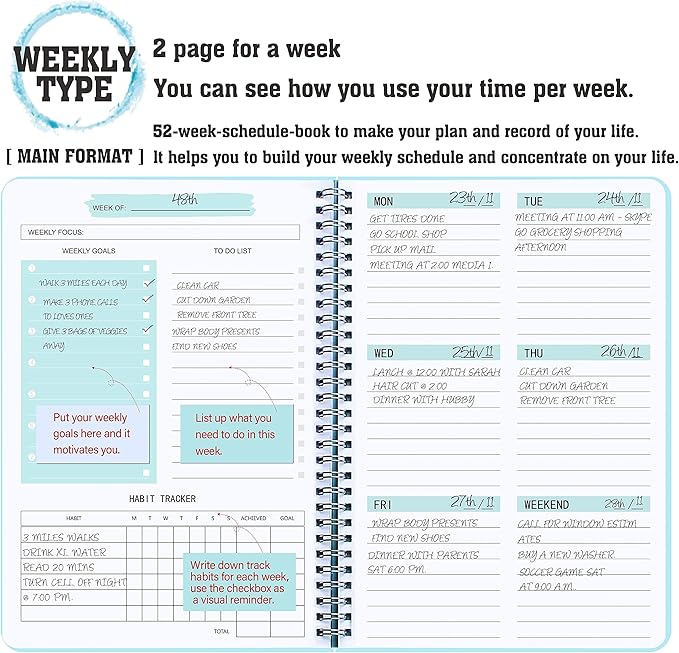 Undated Weekly Planner- Weekly Goals Notebook, A5 To Do List Planner, Habit Tracker Journal with Spiral Binding, 5.7 x 8.0 inches