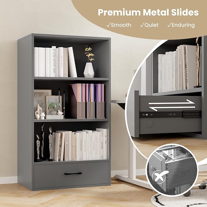 LOKO 4-Tier Bookcase with Storage Drawer, Modern Organizer Display Storage Shelves with Anti-toppling Device, Freestanding Bookshelf with 3 Open Shelves & 1 Drawer, Living Room, Study, Office (Grey)